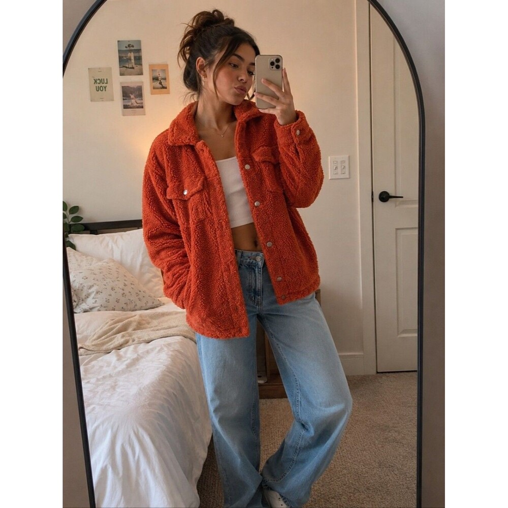 Shinestar Rusty Orange Teddy Bear Coat Medium Oversized Warm Winter Fall